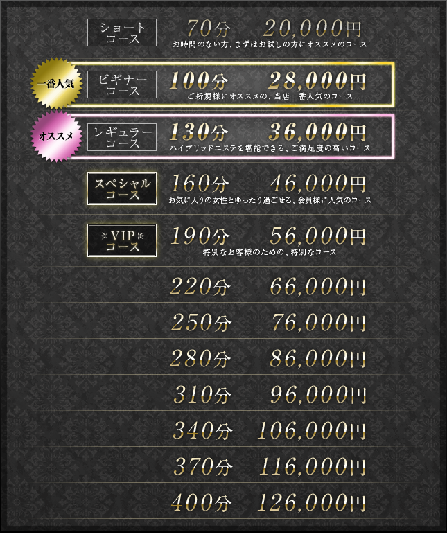70分20,000円、100分28,000円、130分36,000円、160分46,000円、190分56,000円、220分66,000円、250分76,000円、280分86,000円、310分96,000円、340分106,000円、370分116,000円、400分126,000円